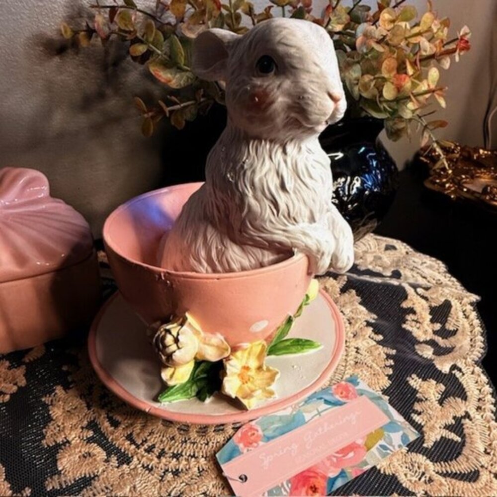 Spring Gathering Bunny Teacup Figurine Pastel Pink Easter Decor NWT